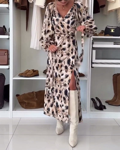 Vestido Maxi Escote V Estampado Mangas Abullonadas Celeste™