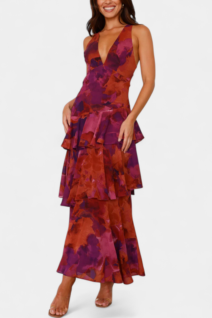 Vestido de Gasa Escote V Capas Fluidas Violeta™