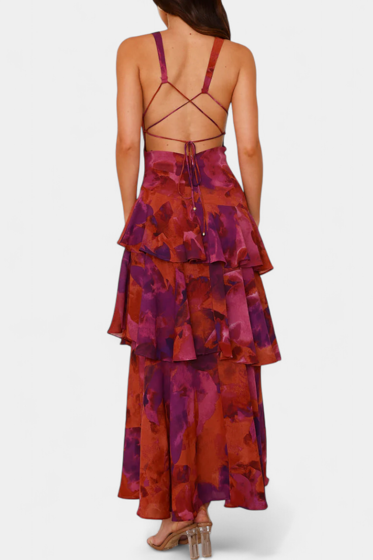 Vestido de Gasa Escote V Capas Fluidas Violeta™