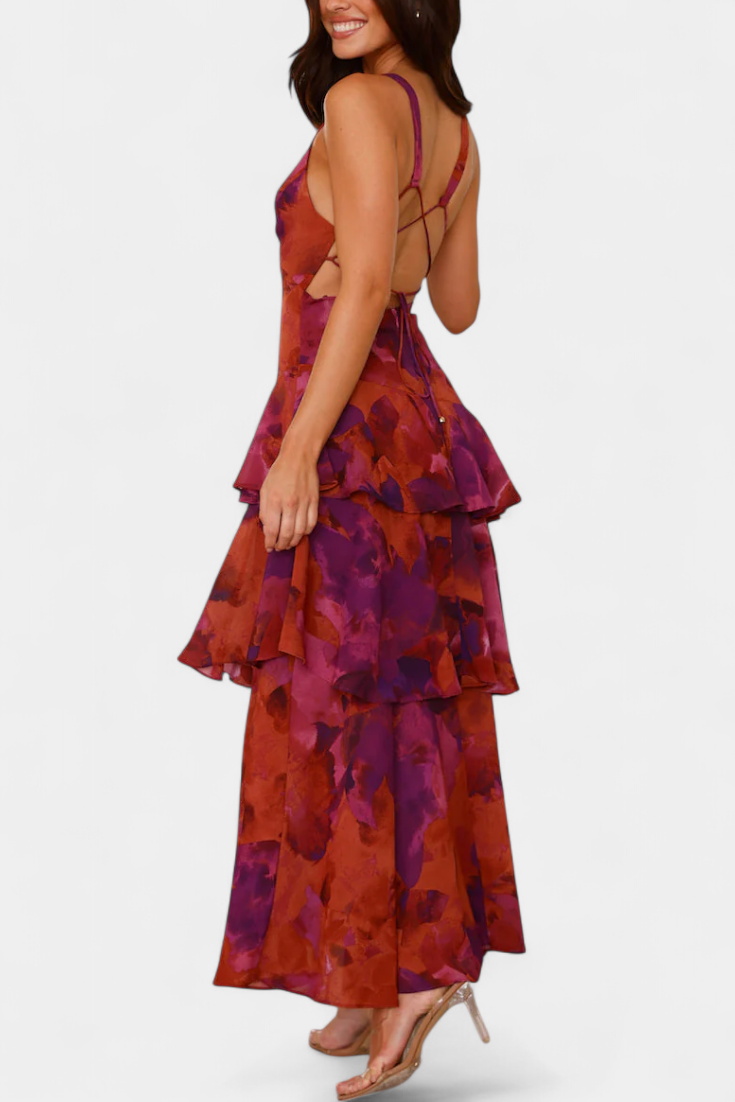 Vestido de Gasa Escote V Capas Fluidas Violeta™