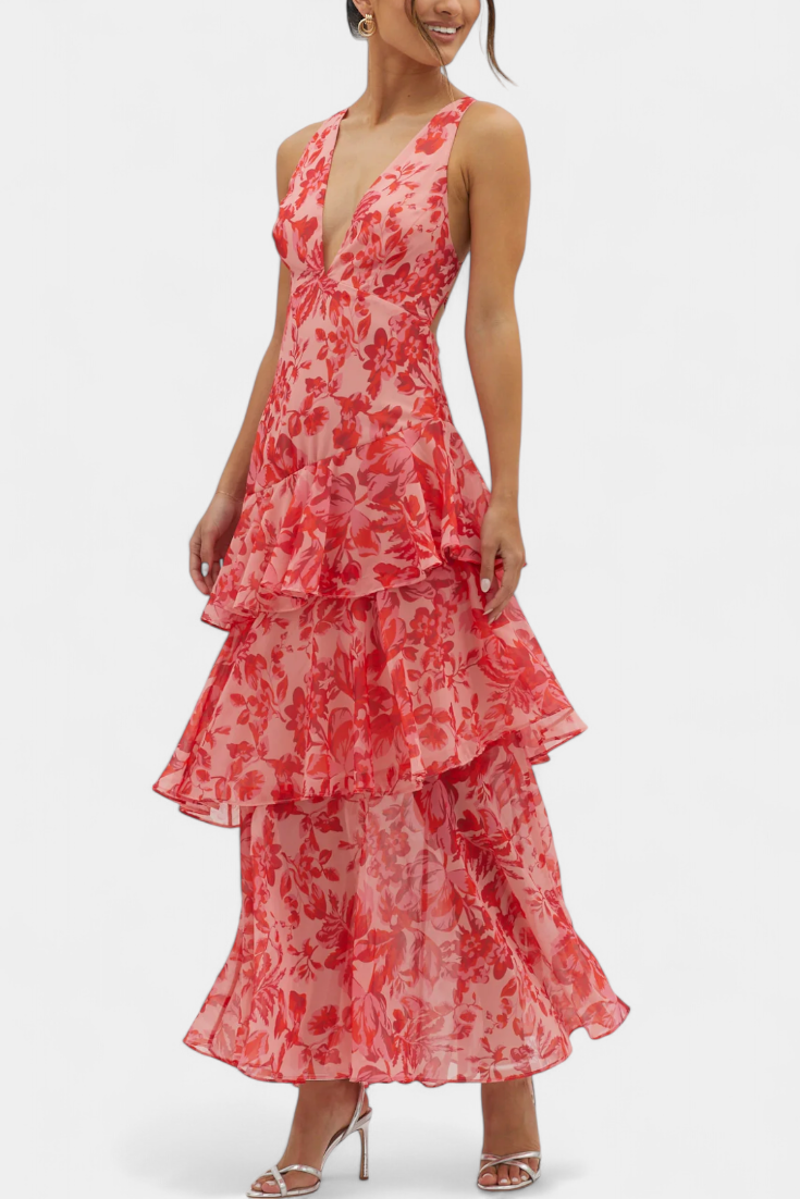 Vestido de Gasa Escote V Capas Fluidas Violeta™