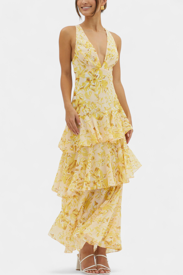 Vestido de Gasa Escote V Capas Fluidas Violeta™