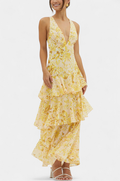 Vestido de Gasa Escote V Capas Fluidas Violeta™