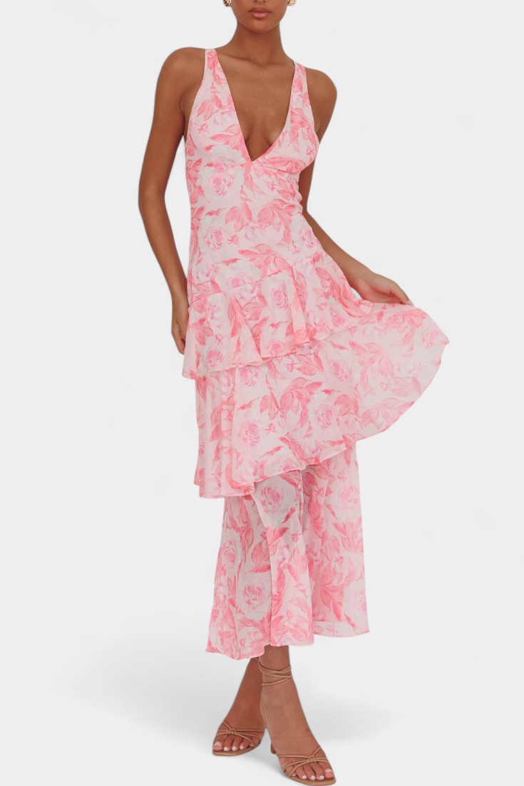 Vestido de Gasa Escote V Capas Fluidas Violeta™